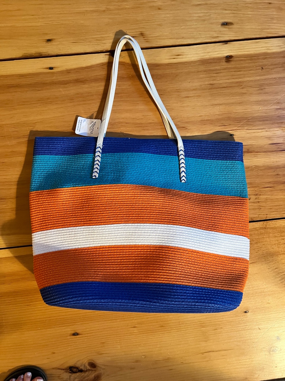 NWT Wovee Striped Multicolor Beach Tote Bag - Orange, Blue, Teal & White